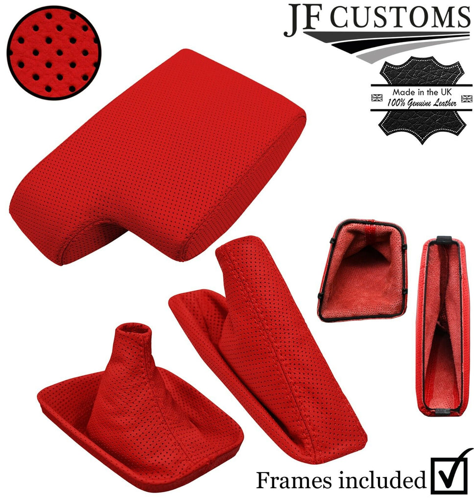 RED PERFORATED LEATHER ARMREST COVER+ GEAR HANDBRAKE + FRAMES FOR BMW E46 99-05