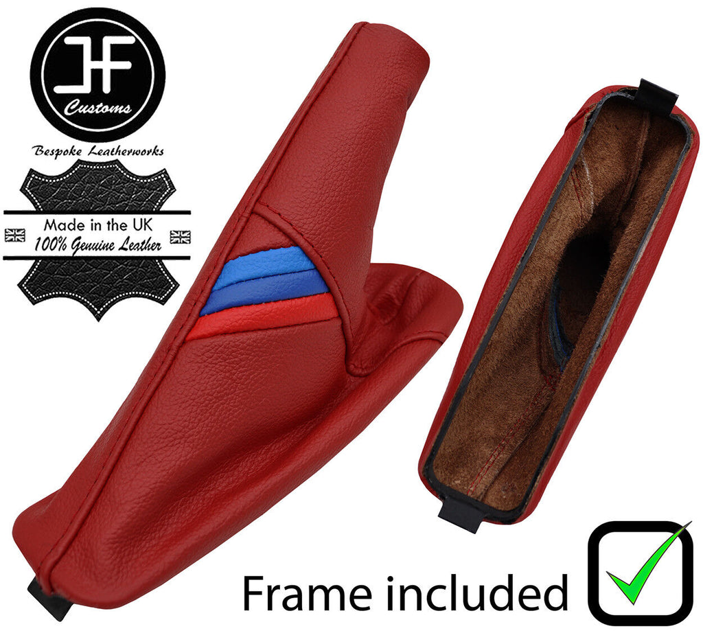 TANIN RED LEATHER TRI STRIPE HANDBRAKE GAITER+PLASTIC FRAME FOR BMW E46 3 99-05