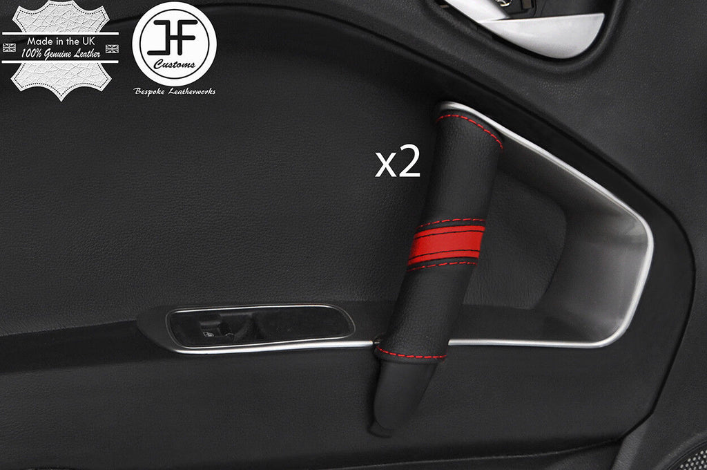 BLACK & RED STRIPE 2X DOOR HANDLE LEATHER COVERS FOR ALFA ROMEO MITO 08-17