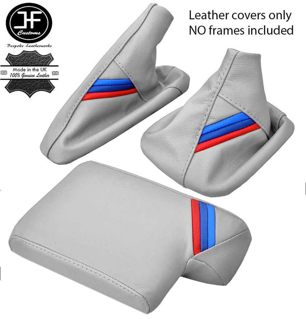 GREY LEATHER TRI STRIPES GEAR HANDBRAKE ARMREST COVER FOR BMW E90 E91 E92 E93