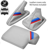 GREY LEATHER TRI STRIPES GEAR HANDBRAKE ARMREST COVER FOR BMW E90 E91 E92 E93