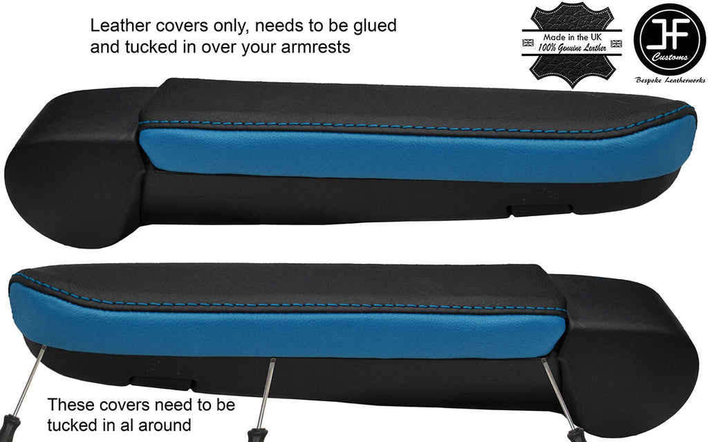 BLACK & BLUE 2X REAL LEATHER ARMREST COVERS FITS VW T5 TRANSPORTER CARAVELLE