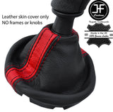 BLACK & RED STRIPE REAL LEATHER  GEAR GAITER FOR VW T5 TRANSPORTER CARAVELLE