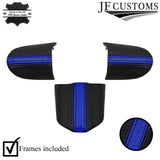 R BLUE STRIPE LEATHER 3-SPOKE STEERING TRIM COVERS+FRAMES FOR MINI R50 R52 R53