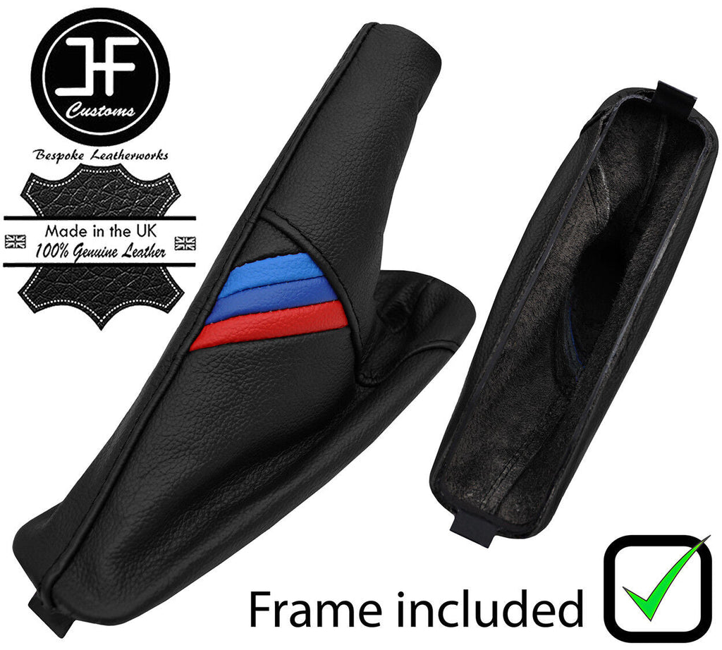 BLACK LEATHER TRI STRIPE HANDBRAKE GAITER+PLASTIC FRAME FOR BMW E46 3 99-05
