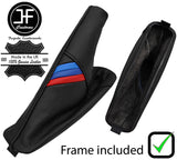 BLACK LEATHER TRI STRIPE HANDBRAKE GAITER+PLASTIC FRAME FOR BMW E46 3 99-05