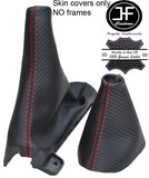 RED STITCH CARBON VINYL MANUAL GEAR HANDBRAKE SET FOR FORD MUSTANG 15-17