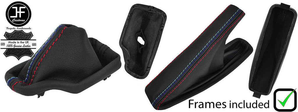BLACK & TRI STITCH LEATHER GAITERS SET+PLASTIC FRAME FOR BMW E46 99-05 AUTOMATIC