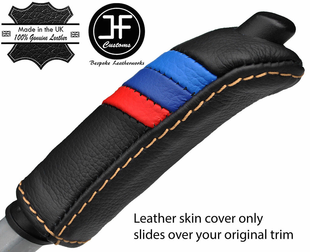 BEIGE STITCH TRI STRIPE HANDBRAKE HANDLE LEATHER COVER FOR BMW SERIES E46 99-05