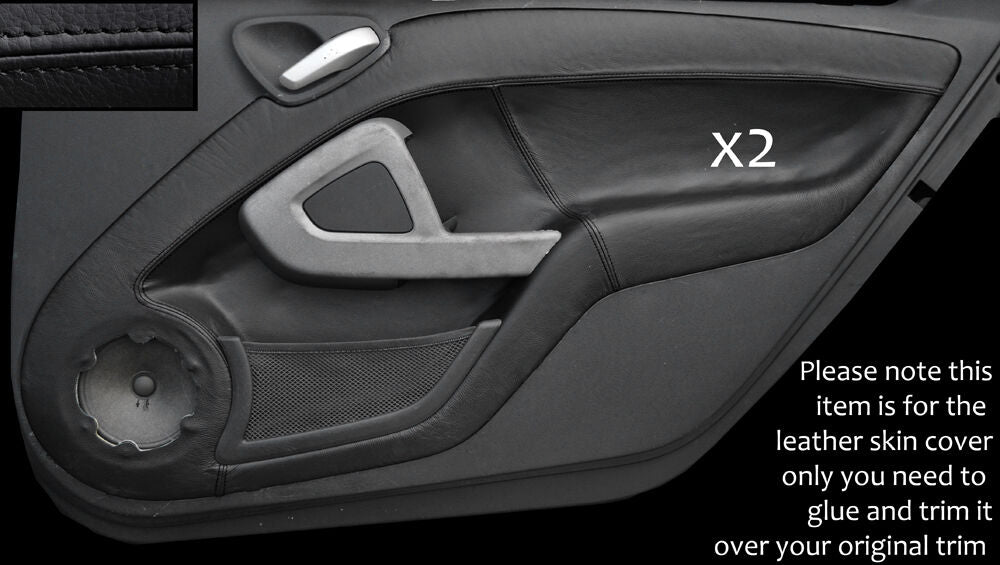 BLACK STITCH 2X DOOR CARDS LEATHER SKIN COVERS FITS SMART FORTWO 451 2007-2014