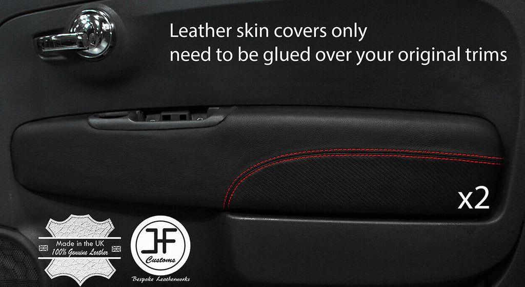 RED STITCH 2X DOOR CARD TRIM LEATHER&CARBON VINYL COVER FOR FIAT 500 STYLE 2