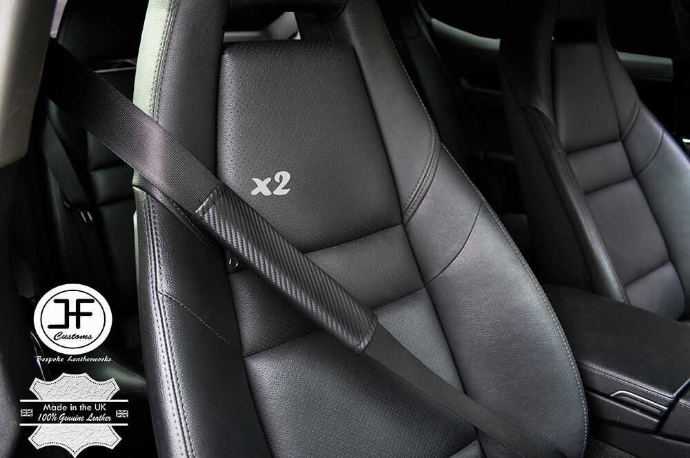 2X CARBON FIBER VINYL BLACK STITCHING LUXURY SHOULDER SEAT BELT PADDED PADS