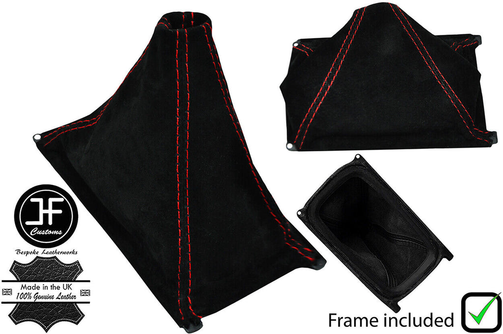 RED STITCH SUEDE GEAR GAITER+PLASTIC FRAME+TOP RING FOR HONDA INTEGRA 94-01