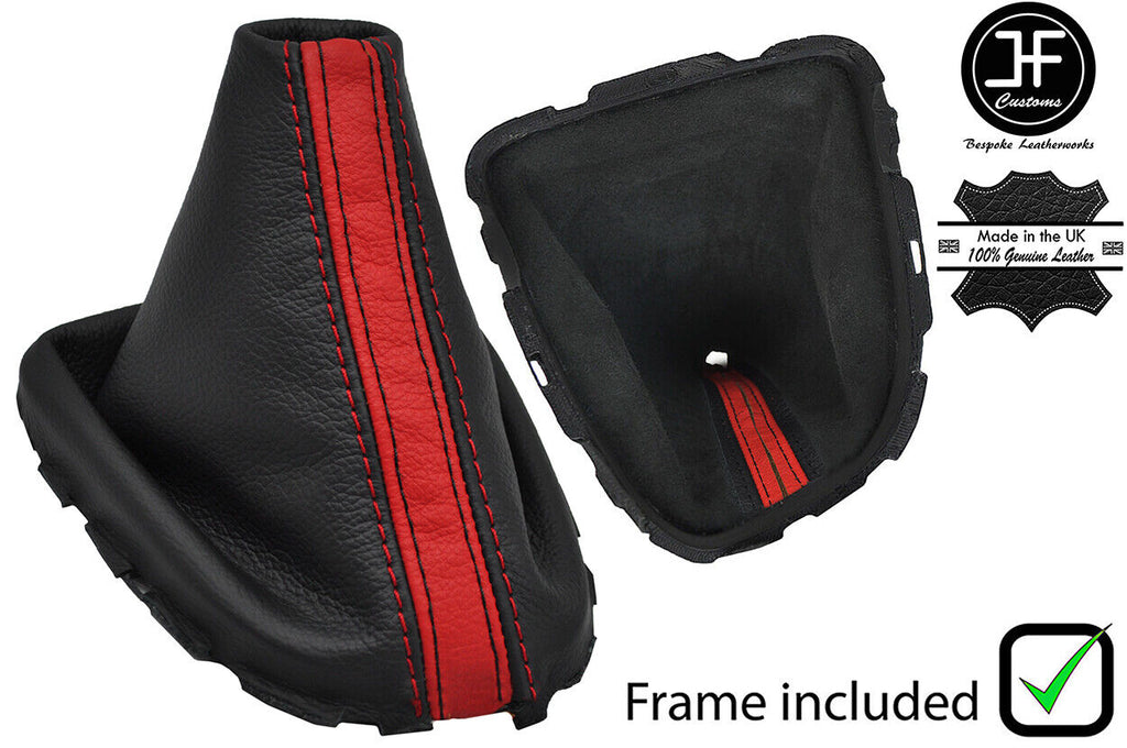 BLACK & RED STRIPE LEATHER GEAR GAITER+PLASTIC FRAME FITS RENAULT CLIO 12-16