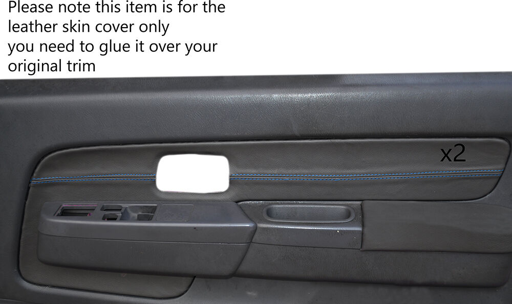BLUE STICH 2X FRONT GREY DOOR CARDS TRIM SKIN COVER FITS NISSAN NAVARA D22