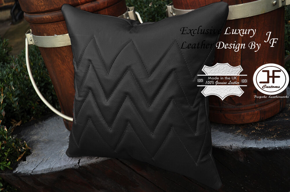 1X EXCLUSIVE LUXURY GENUINE LEATHER CUSHION BLACK ZIG ZAG PADDED 18"x18"