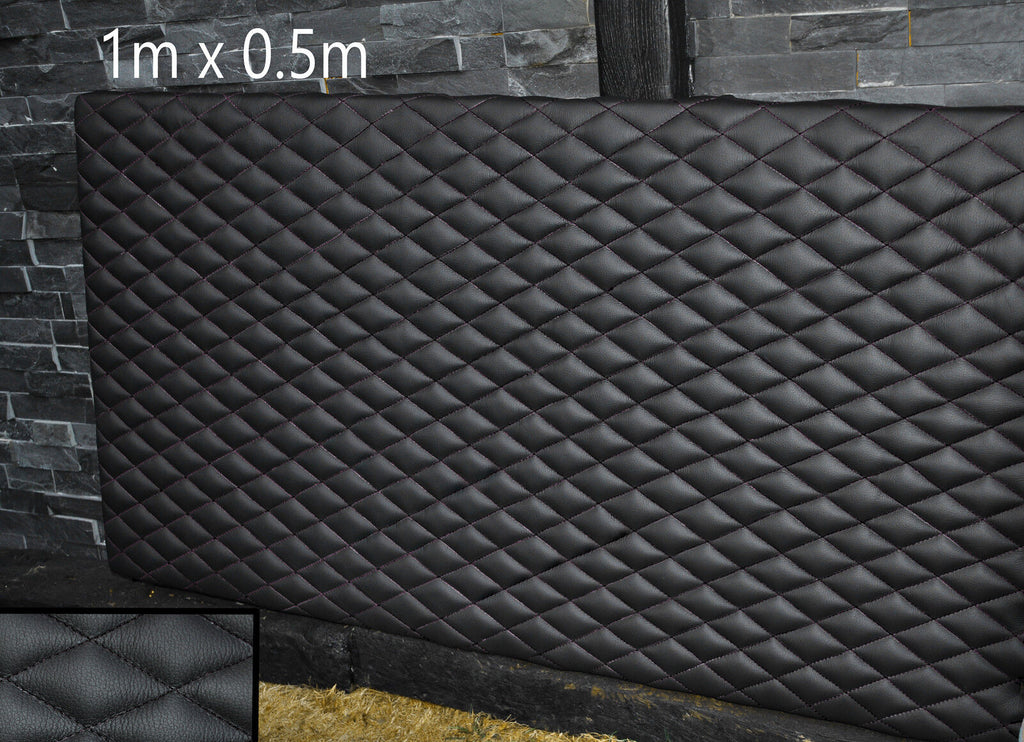 BLACK LEATHER PADDED BLACK DIAMOND STITCH 1M X 0.5M UPHOLSTERY FURNITURE AUTO