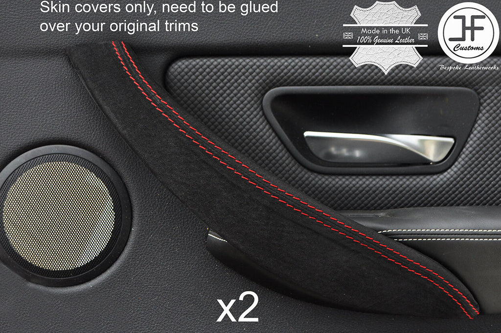 RED STITCH 2X REAR DOOR HANDLE TRIM REAL SUEDE COVERS FITS BMW F30 2012-2017