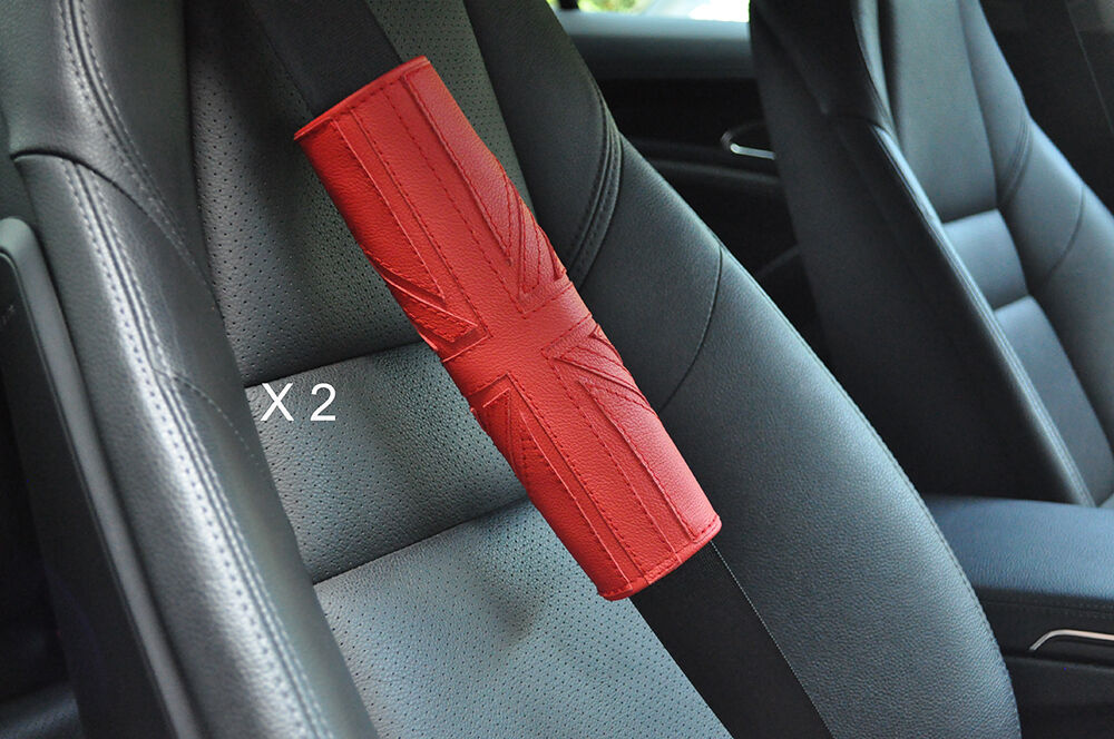 2X UNION JACK DESIGN RED LEATHER LUXURY SHOULDER SEAT BELT PADDED PADS
