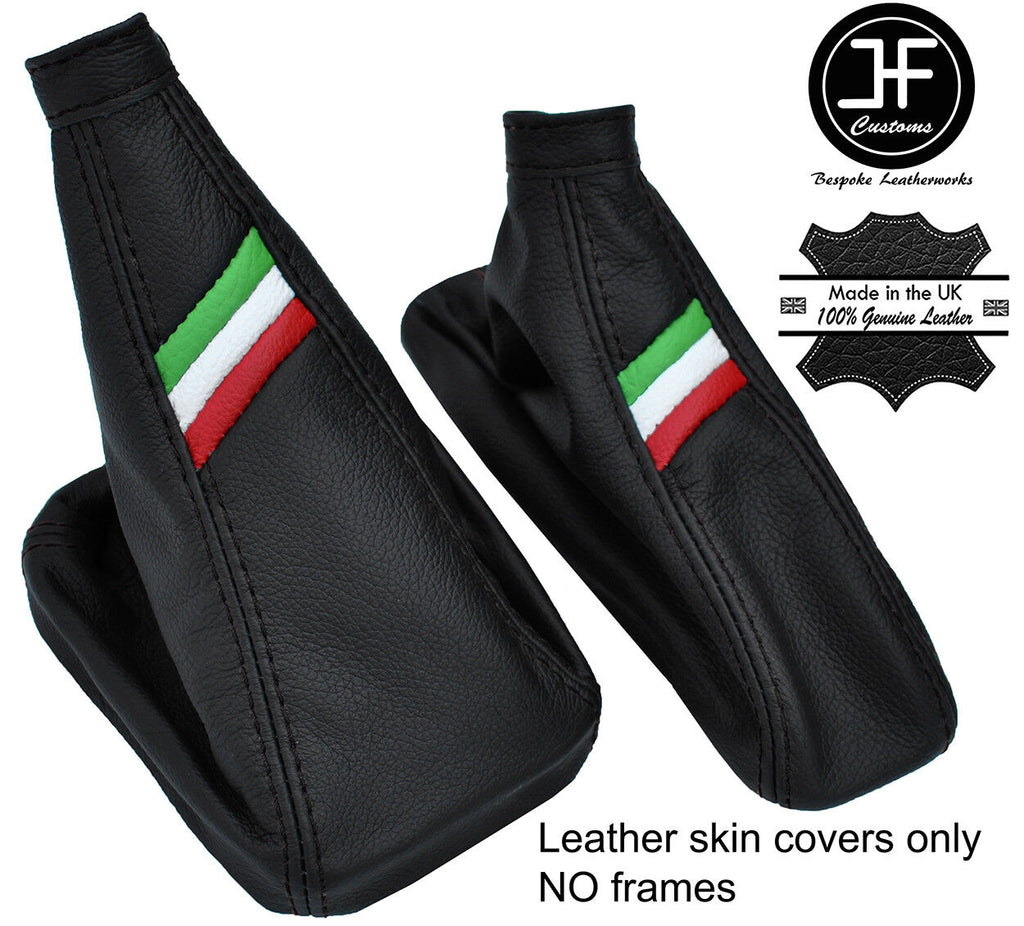 BLACK STITCH ITALIAN FLAG REAL LEATHER GAITER SET FITS ALFA ROMEO 156 1998-2006