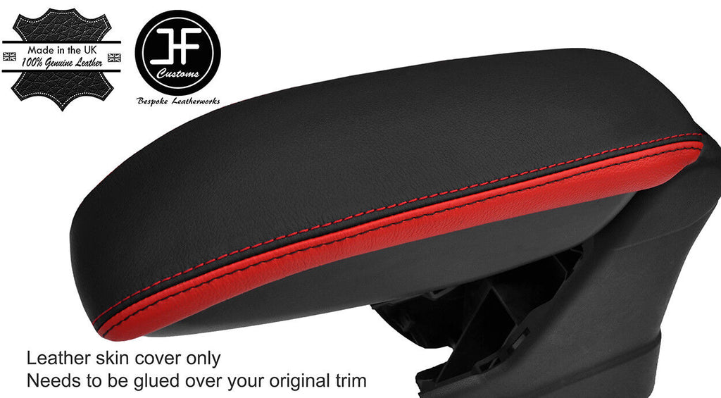 BLACK & RED ARMREST LID REAL LEATHER COVER FITS CITROEN C4 CACTUS 2014-18