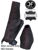 RED STITCH CHARCOAL PU SUEDE AUTO GEAR HANDBRAKE SET FOR FORD MUSTANG 15-17