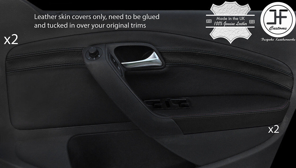 BLACK & BLACK 4X FRONT DOOR CARD LEATHER COVERS FOR VW POLO MK8 09-16 5 DOOR