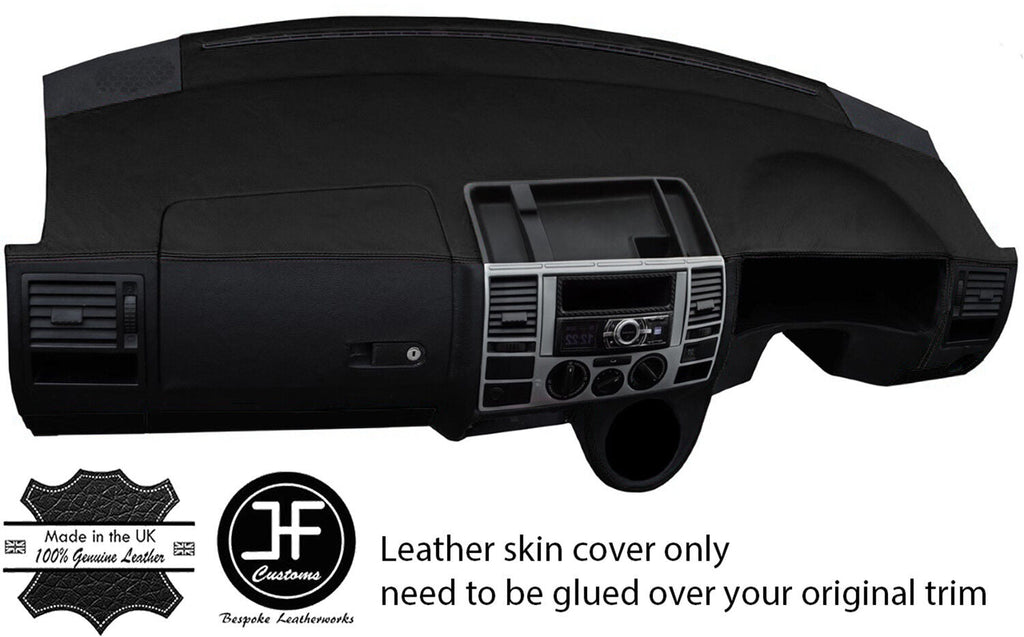 BLACK & BLACK DASH DASHBOARD REAL LEATHER COVER FOR VW T5 TRANSPORTER CARAVELLE