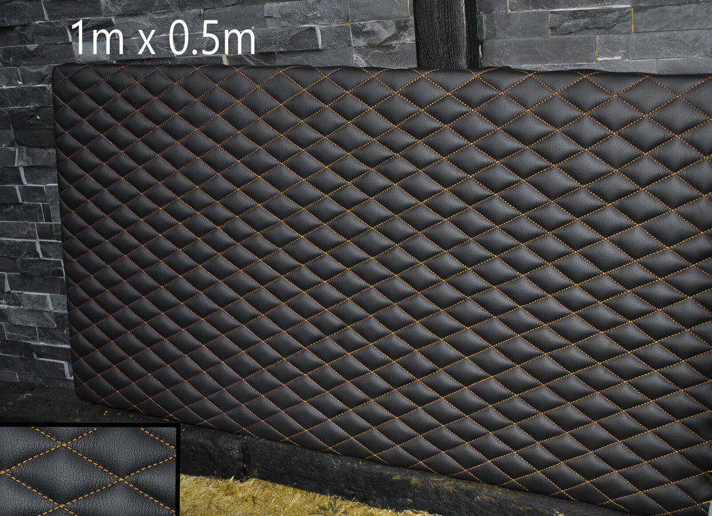 BLACK LEATHER PADDED YELLOW DIAMOND STITCH 1M X 0.5M UPHOLSTERY FURNITURE AUTO
