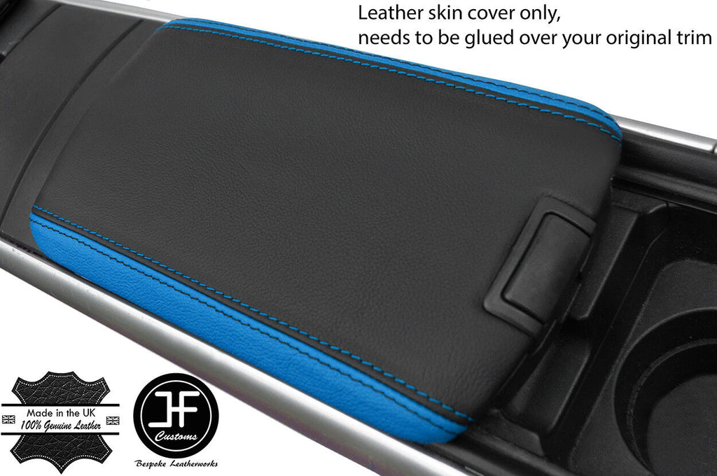 BLACK & BLUE TOP GRAIN REAL LEATHER FRONT ARMREST COVERS FITS MAZDA RX8 03-12