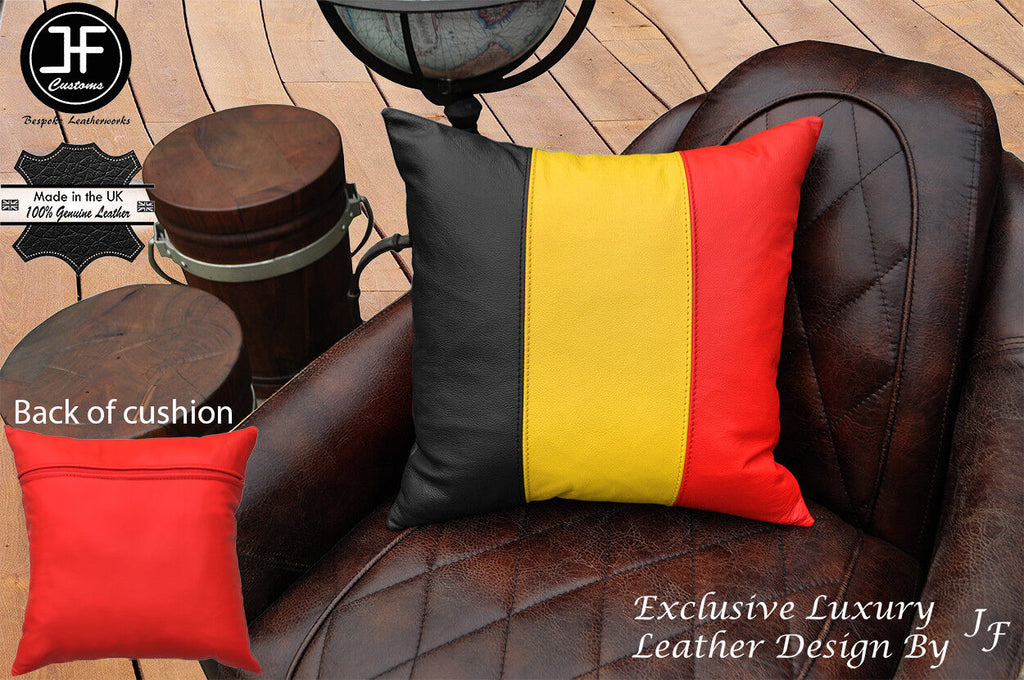 BELGIUM FLAG COLOUR LEATHER 1X EXCLUSIVE LUXURY CUSHION 18"x18" RED BACK