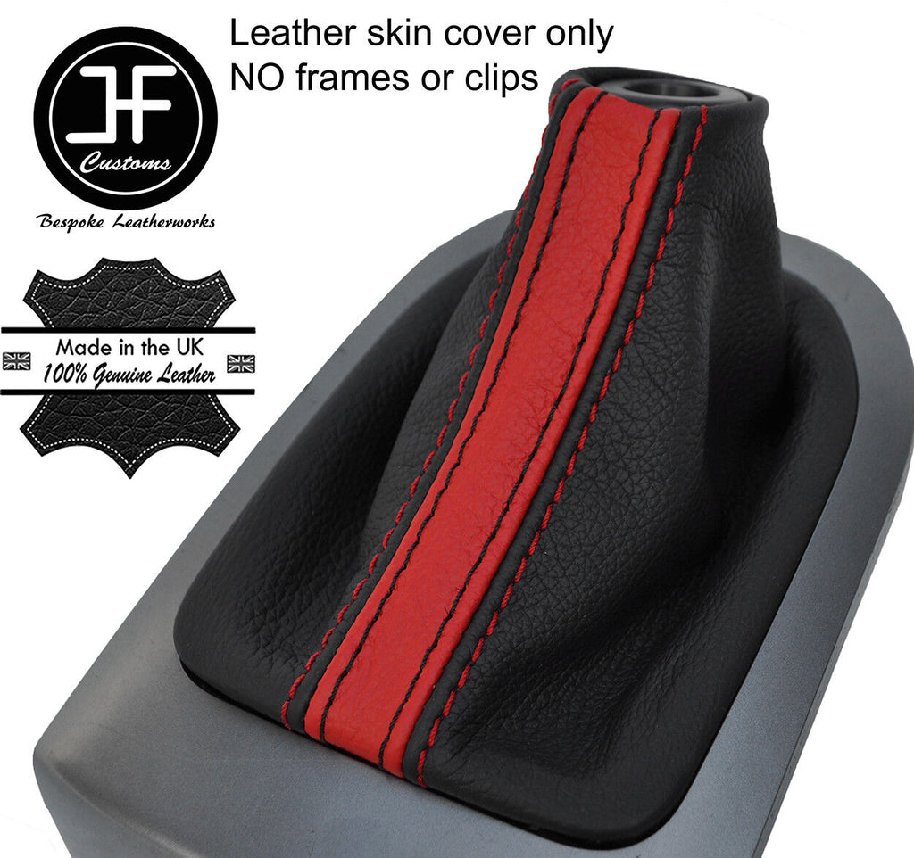 BLACK & RED  STRIPE TOP GRAIN LEATHER MANUAL GEAR GAITER FITS KIA RIO 11-16