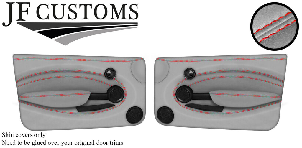 RED  STITCH 2X FULL DOOR CARD L GREY SUEDE COVERS FOR MINI R55 R56 R57 07-14