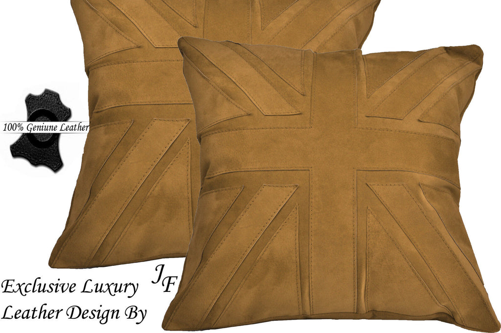 2X EXCLUSIVE LUXURY GENUINE SUEDE CUSHION DESIGN UNION JACK LARGE BEIGE