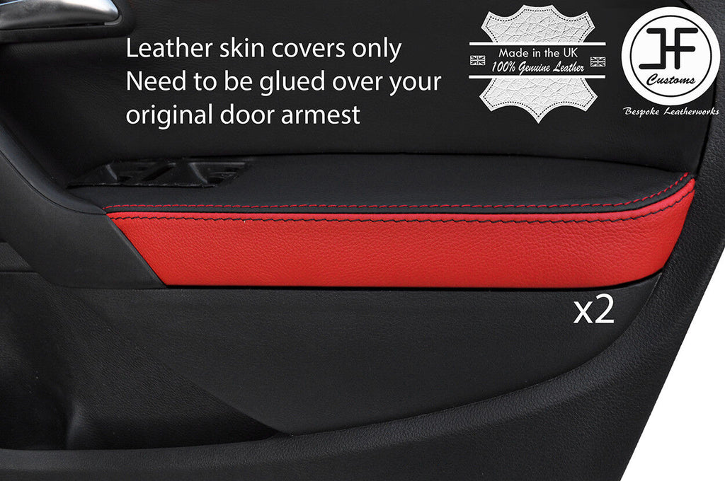BLACK & RED 2X FRONT DOOR ARMREST LEATHER COVER FOR VW POLO MK8 09-16 5 DOOR