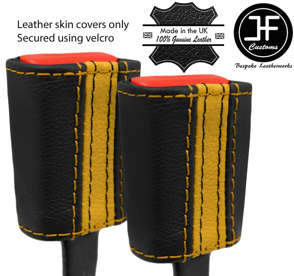 BLACK AND YELLOW STRIPE 2X SEAT BELT LEATHER COVERS FOR FIAT 500 & ABARTH 07-19