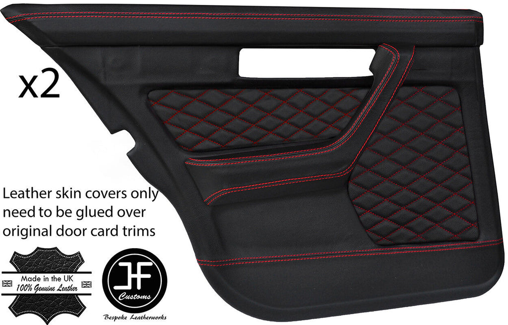 RED DIAMOND STITCH 2X REAR FULL DOOR CARD LEATHER COVERS FITS BMW E34 87-97