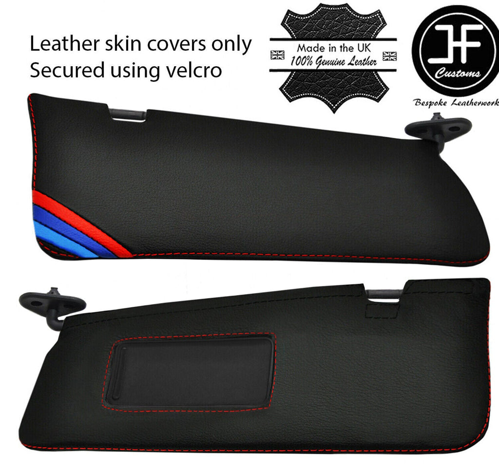 RED STITCH TRI STRIPE 2X SUN VISORS LEATHER COVERS FOR BMW 3 SERIES E46 98-05