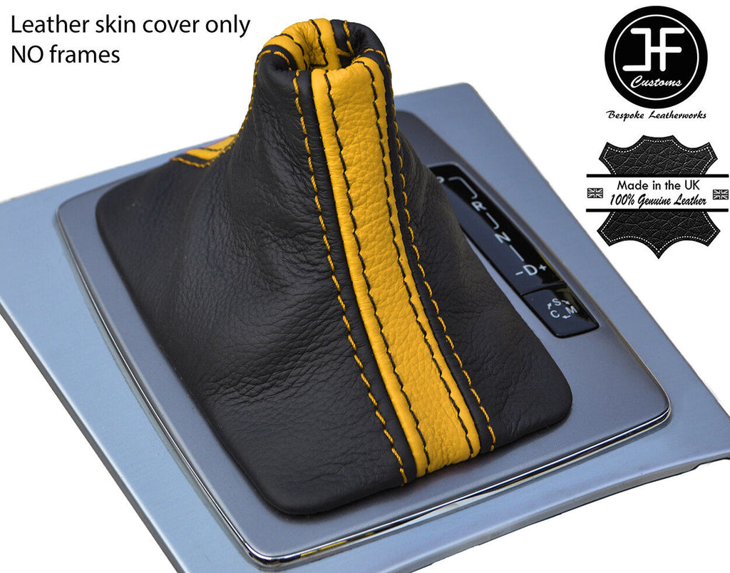 BLACK & YELLOW STRIPE LEATHER AUTO GEAR GAITER FOR MERCEDES C CLASS W204 07-14
