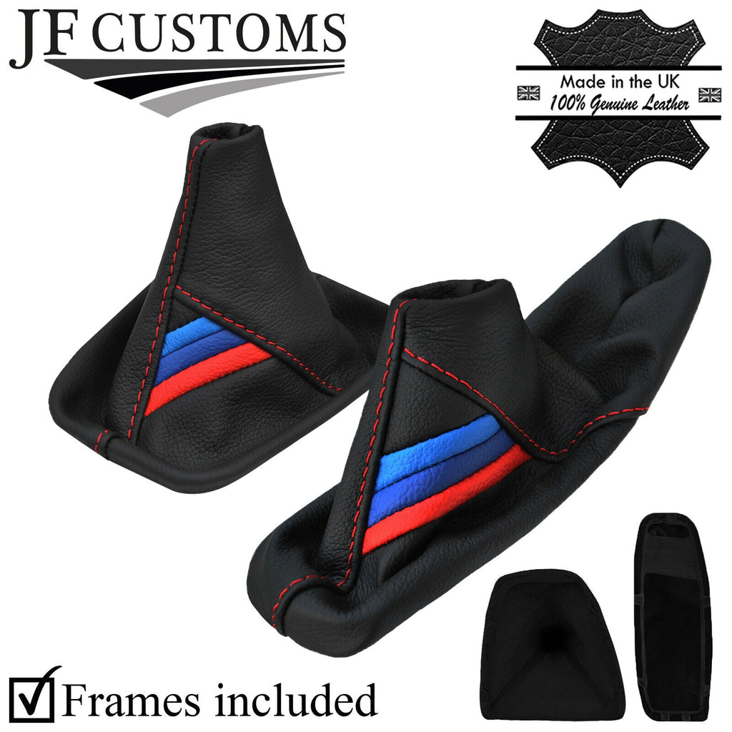 RED STITCH TRI STRIPE LEATHER GEAR HANDBRAKE COVERS+FRAMES FOR BMW E90 E91 E92