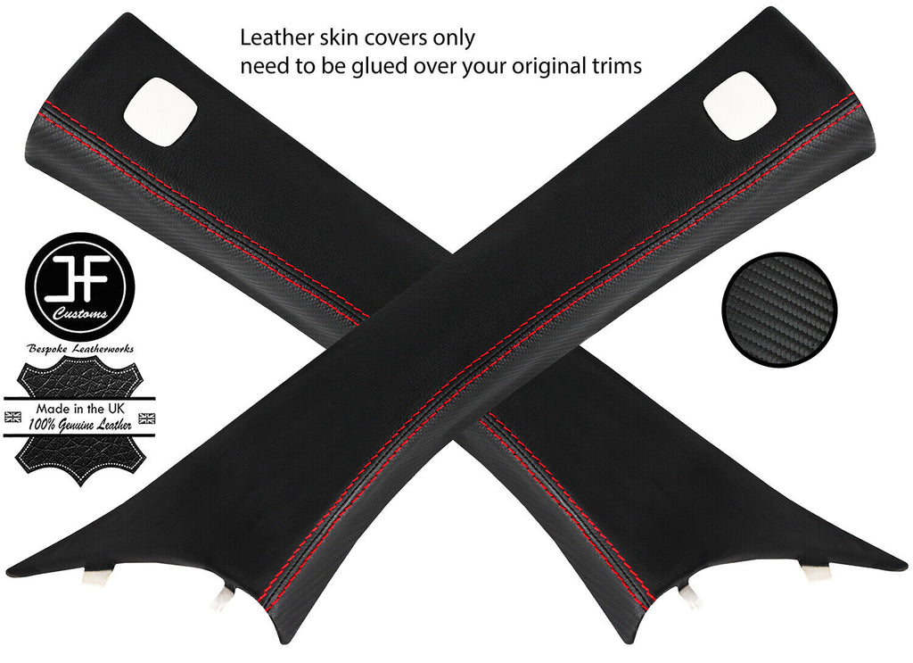 RED STITCH 2X A PILLAR LEATHER CARBON VINYL COVERS FOR SMART FORTWO 453 14-19