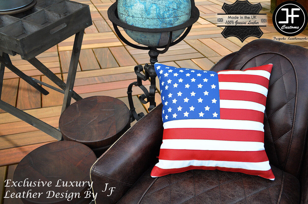 AMERICAN FLAG 1X EXCLUSIVE LUXURY CUSHION 18"x18" GENUINE LEATHER + BLACK BACK