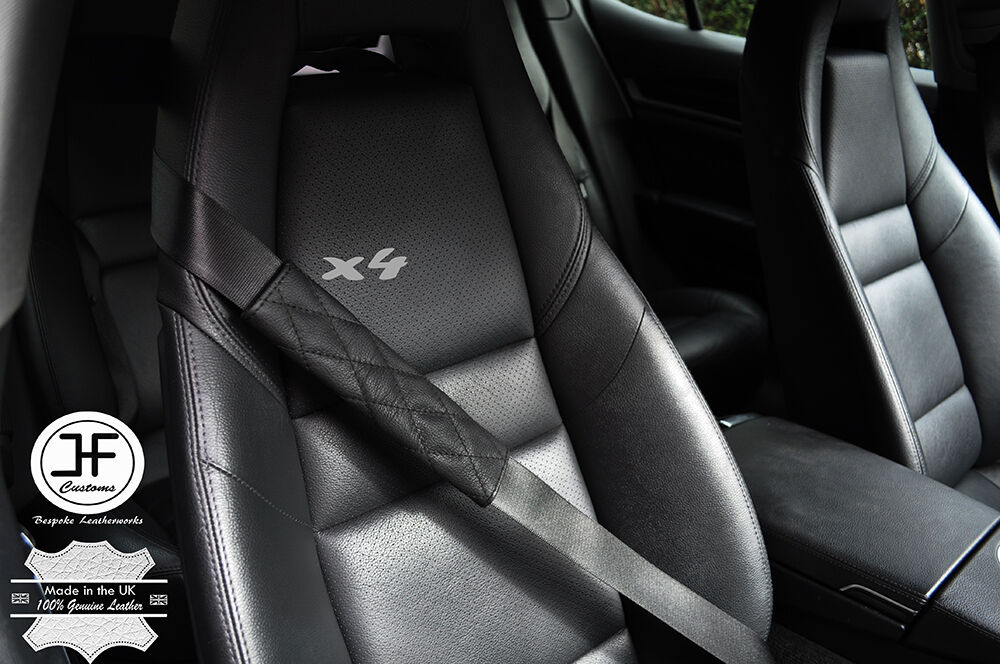 4X BLACK DIAMOND STITCH BLACK LEATHER LUXURY SHOULDER SEAT BELT PADDED PADS