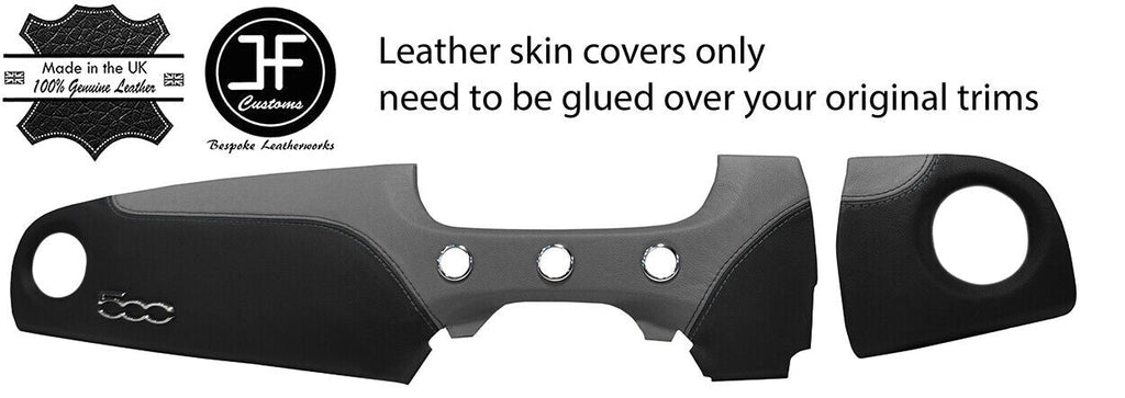 BLACK & GREY LEATHER 2 PIECE DASH KIT COVER FITS FIAT 500 ABARTH 07-16 STYLE 2