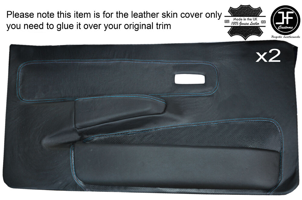 BLUE STICH 2X FRONT FULL DOOR CARD LEATHER COVER FOR FORD FIESTA MK2 XR2 EARLY