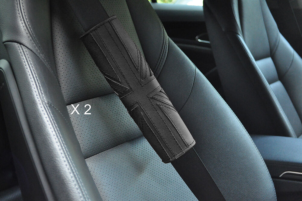 2X UNION JACK DESIGN BLACK LEATHER LUXURY SHOULDER SEAT BELT PADDED PADS HARNESS