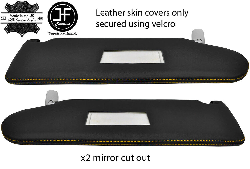 YELLOW STITCH 2X SUN VISOR LEATHER COVER FOR VW T5 TRANSPORTER 2 MIRROR CUTOUT
