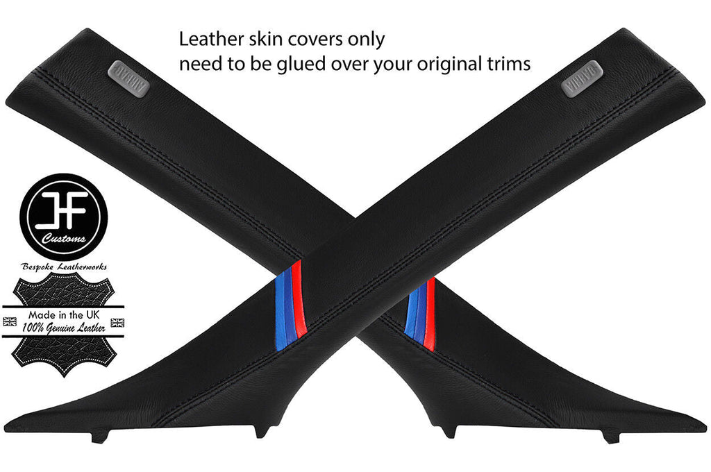 BLACK STITCH TRI STRIPE 2X A PILLAR LEATHER COVERS FOR BMW 6 E63 COUPE 2004-2010