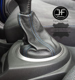 BLUE STITCH FOR HONDA JAZZ 2009-2014 BLACK REAL LEATHER GEAR GAITER COVER