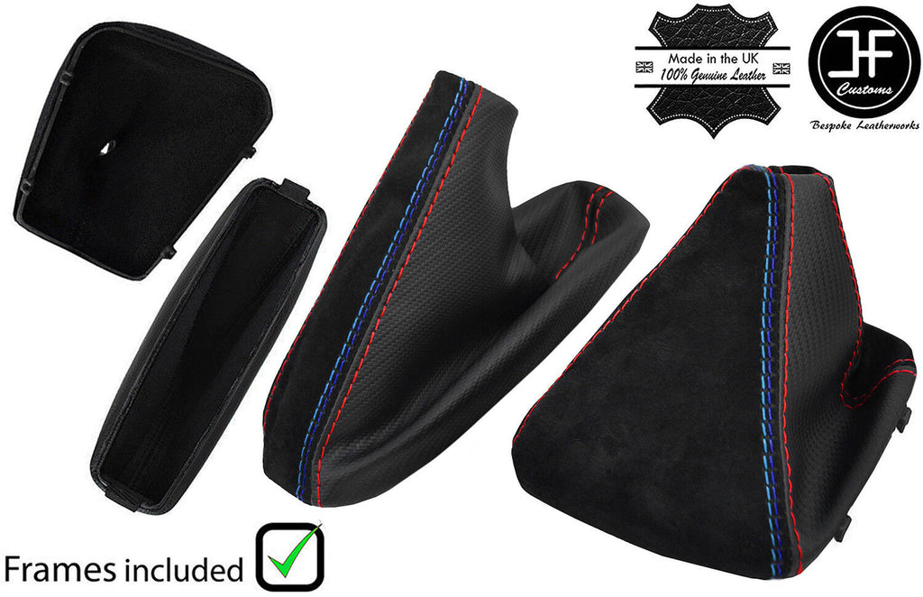 RED & TRI STITCH CARBON VINYL&SUEDE GAITER SET+PLASTIC FRAME FOR BMW E46 99-05